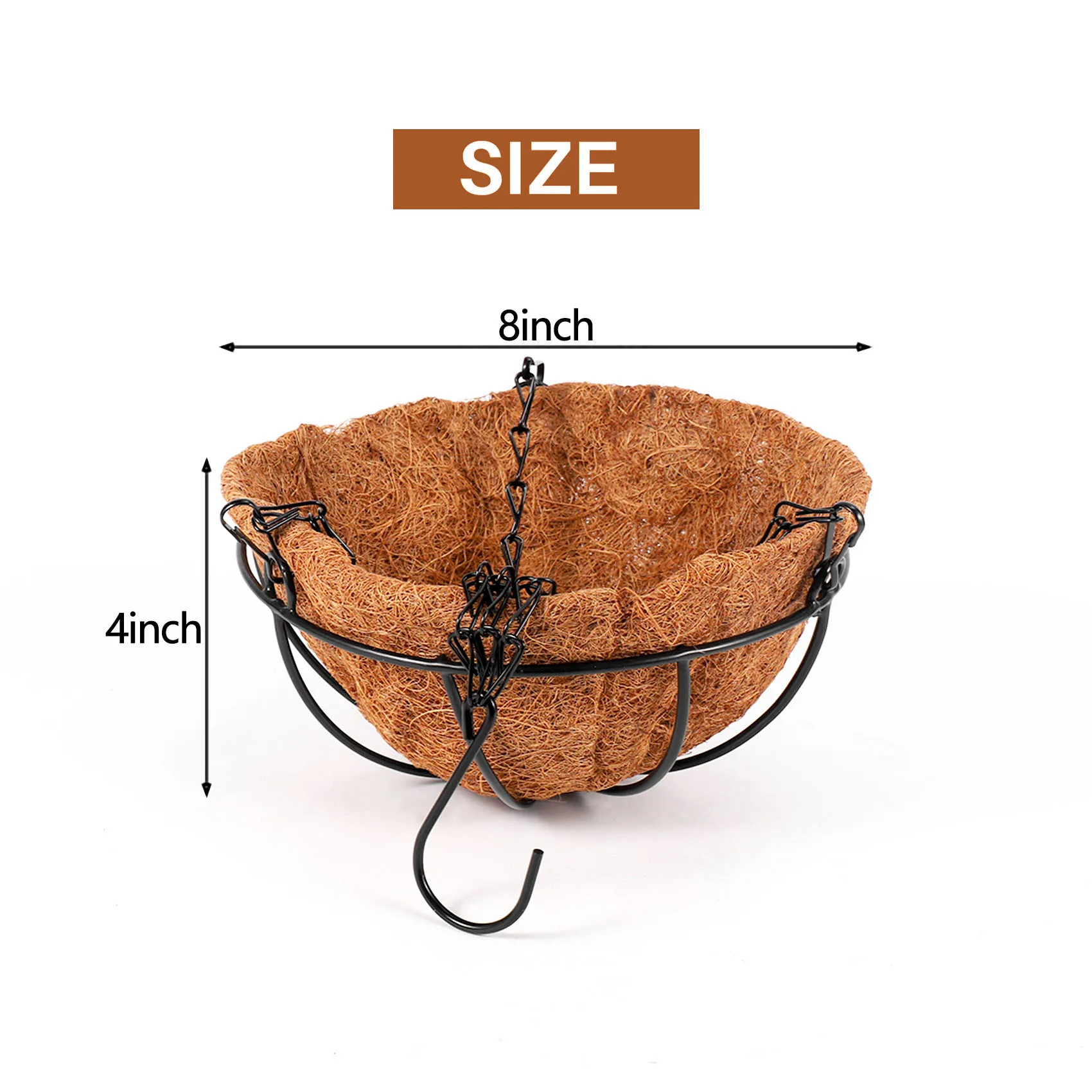 A98E-Black Growers Hanging Basket Planter With Chain Flower Plant Pot Home Garden Balcony Decoration-8Inch