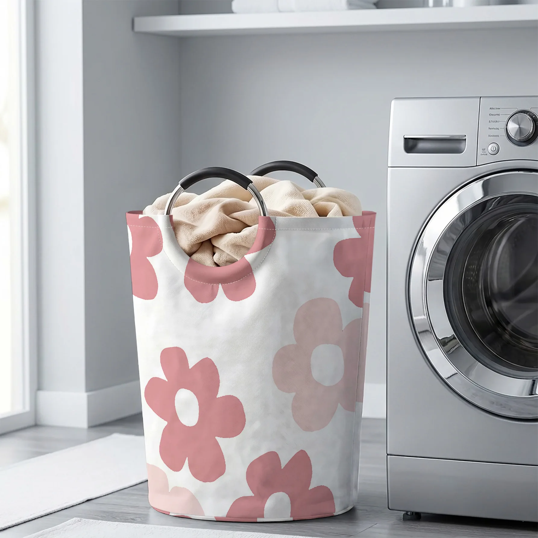 Morandi Pink Simple Flowers All‑Over Print Handheld Storage Basket, For Laundry, Bedroom & Home Sundries Storage