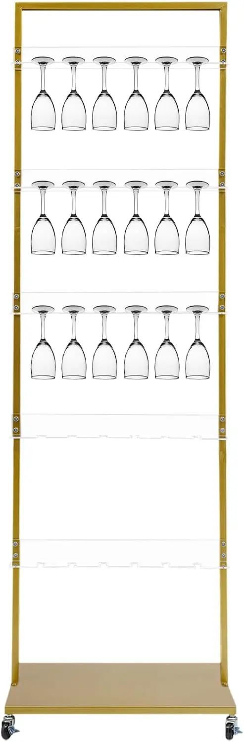 Tier 5 30 Cups Champagne Display Holder Mobile Flutes Rack Shelf Swivel Casters Floor Mount Metal Stand Party Wedding Gold