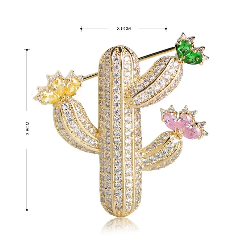 Blucome Vivid Cactus Shape Brooches Luxury Zircon Rhinestones Copper Brooch Pins Suit Sweater Accessories Jewelry For Women Clip