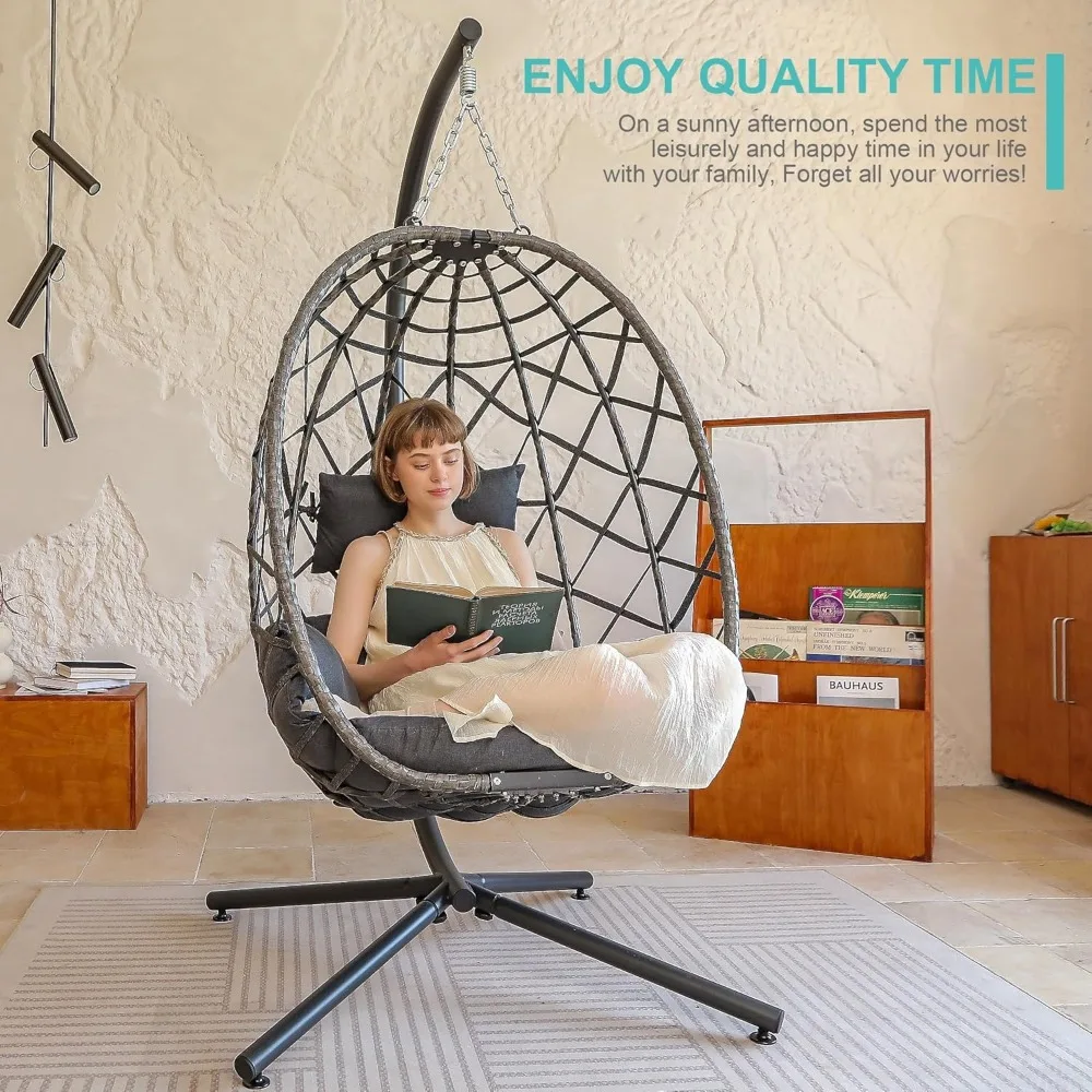 Egg Swing Chair with Stand, Outdoor Patio Hanging Egg Chair, Indoor Hammock Chair with Cushion for Garden Backyard image 5