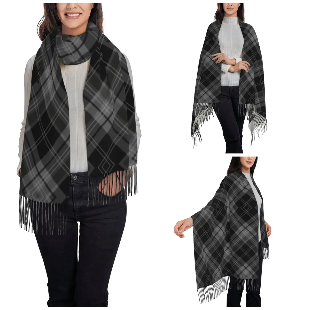 Gray Black Plaid Check Tartan Pattern Shawls Wraps Womens Winter Long Soft Scarf Pashminas Tassel Scarves