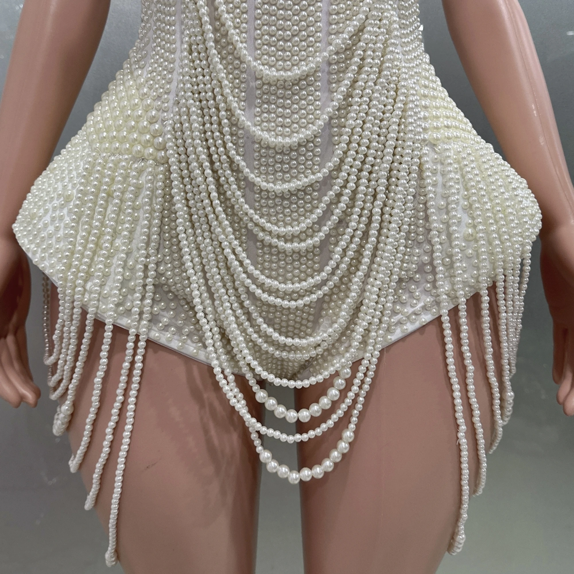 Luxury Pearls Beading Sexy Halter Backless Bodysuit Evening Party Performance Costume Bar Nightclub Singer Dancer Stage Wear