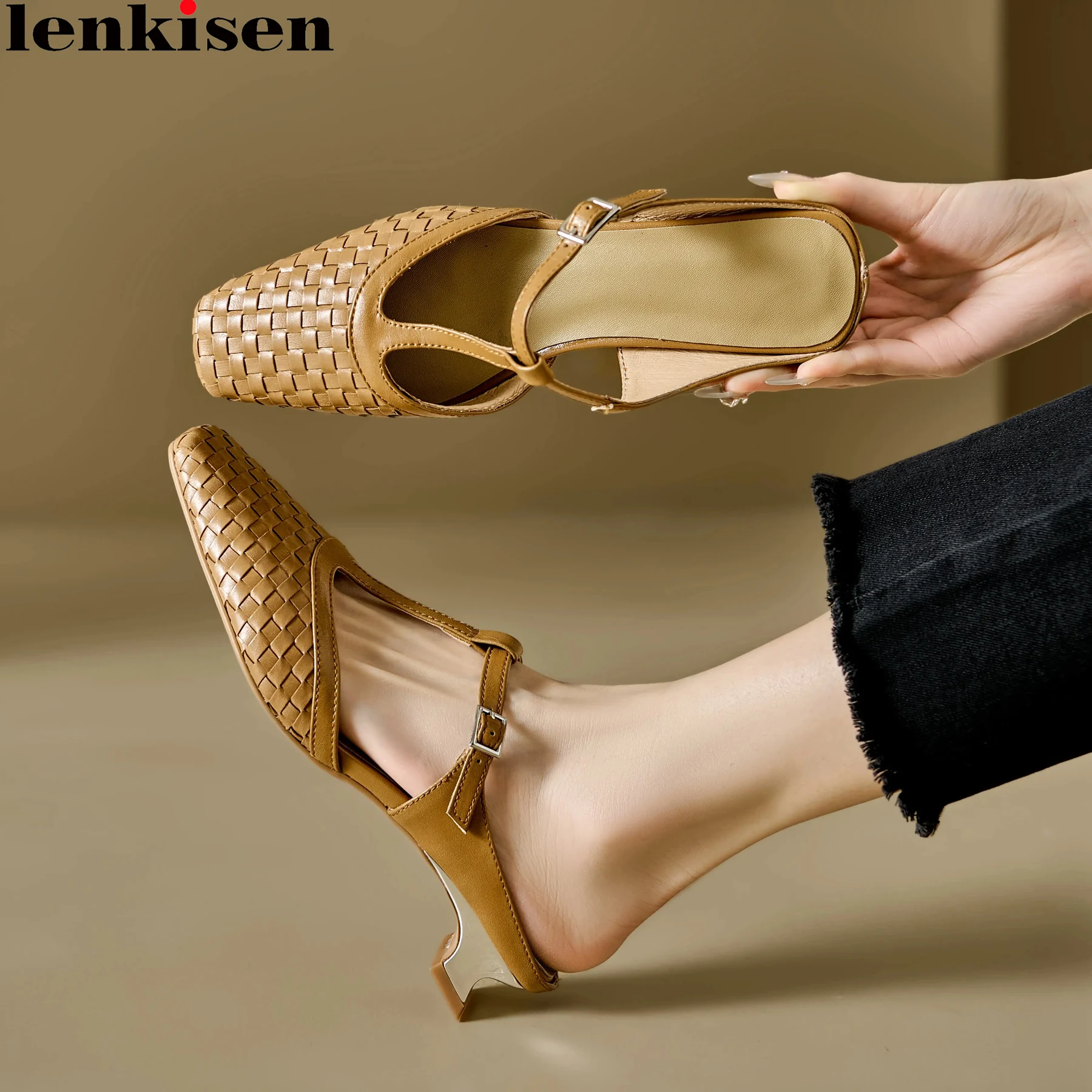 

Lenkisen Free Shipping Cow Leather Slip On Weaving Slingback Summer Shoe Mules Med Heels Office Lady Party Elegant Women Sandals