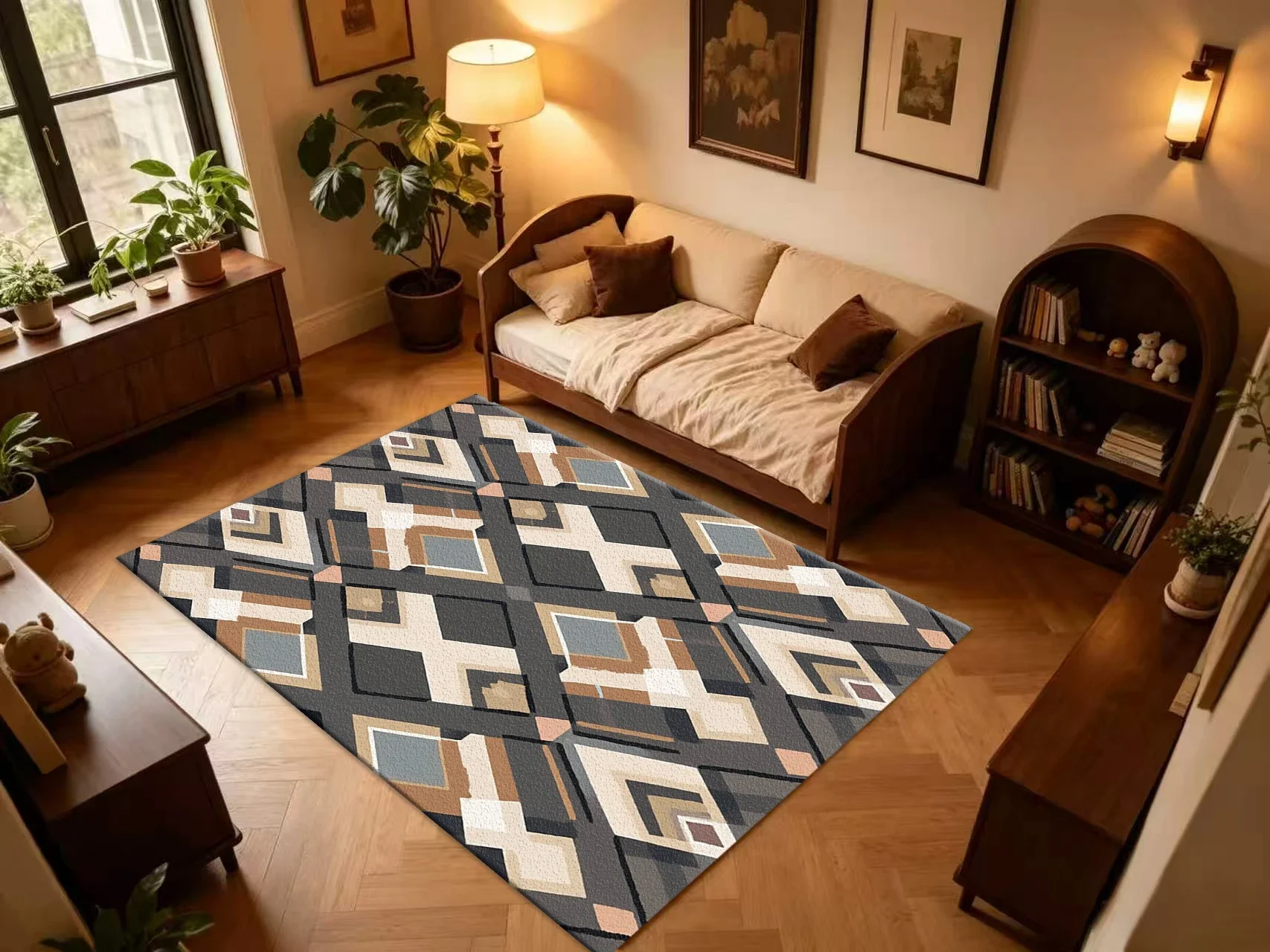 Neutral Muted Boho Geometric Diamond Carpet Flooring, Modern Abstract Non-Slip Area Rug for Living Room Bedroom Home Floor Decor