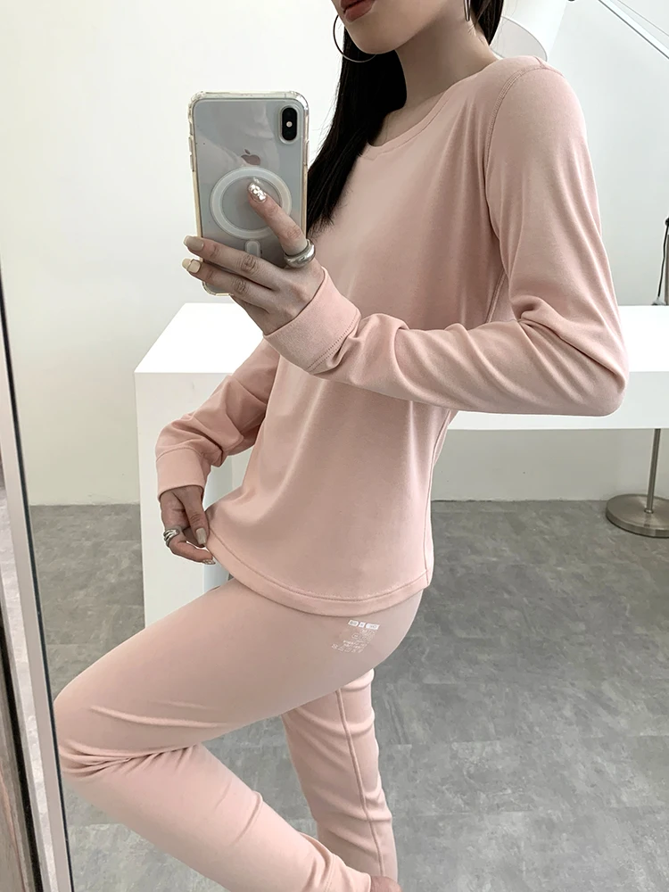 Conjunto de Ropa Interior Térmica para Mujer, Cuello Redondo, Manga Larga, Terciopelo Macar de Color Puro, Diseño Simple, Nuevo Estilo de Invierno