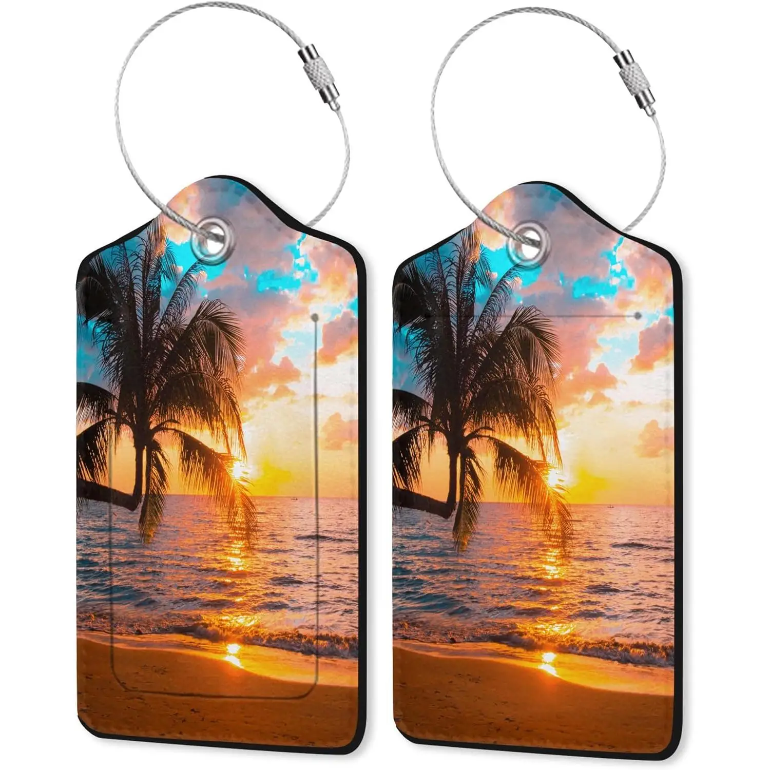 

Tropical Palm Luggage Tags Set of 2 Leather Luggage Tags Privacy Cover Suitcase Label with Stainless Steel Loop for Women Men
