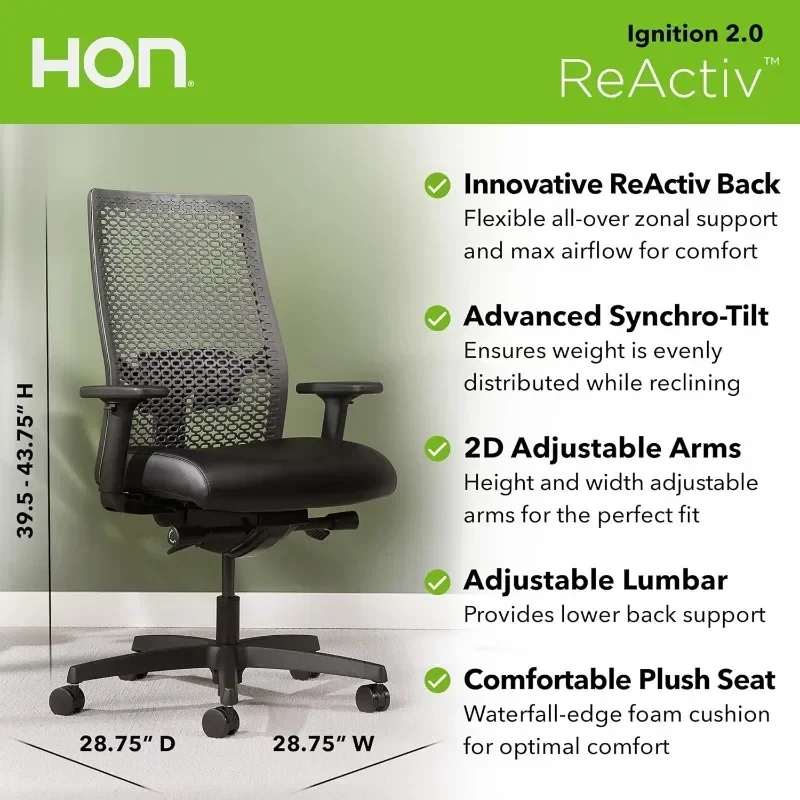 2.0 ReActiv Office Chair Ergonomic Open Mesh-Style Back for High Airflow & Flex Support - Adjustable Lumbar, Tilt Recline