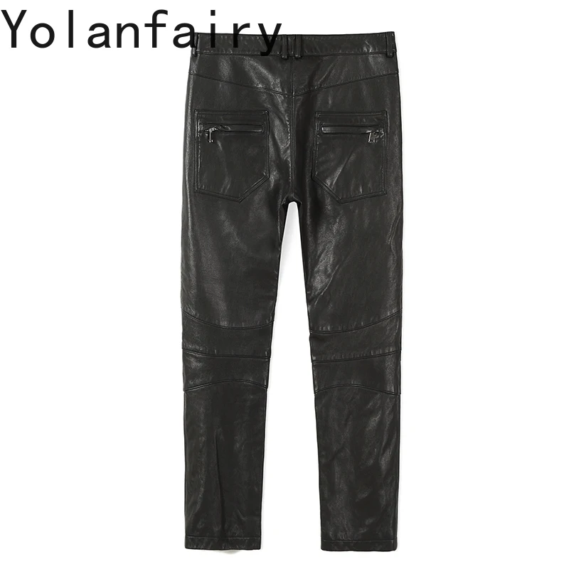 YOLANFAIRY Vegetable-tanned Sheepskin Leather Pants Man Slim-fit Genuine Leather Vintage Pants Tight Casual Windproof Trousers