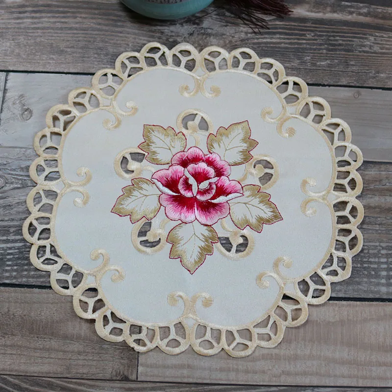 NEW satin rose flower embroidery table place mat cloth Wedding Christmas party placemat kitchen Table decoration and accessories