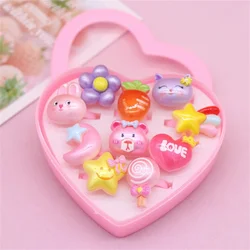 Cute Cartoon Animal Plant Heart-shaped Girl Acrylic Ring Set Girl Heart-shaped Ring Gift Box Jewelry Wholesale