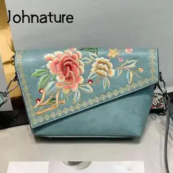 Johnature Chinese Style Embroidery Crossbody Bags For Women 2024 New Vintage Leather Elegant Handbag Versatile Shoulder Bags