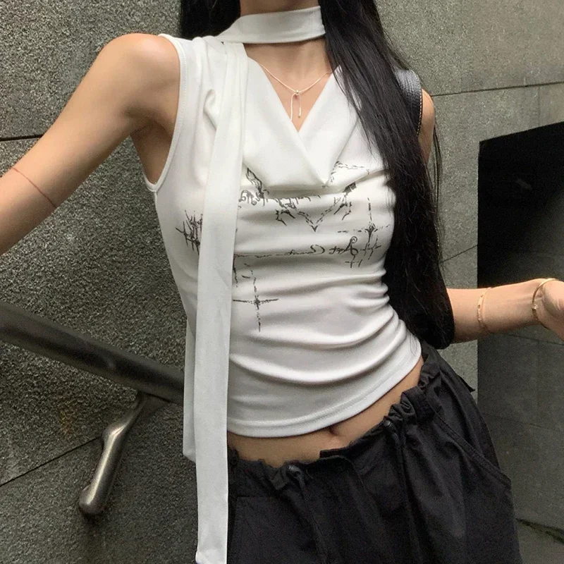 النمط الأمريكي المحاصيل الأعلى المرأة وشاح بسيط أكمام يتأرجح طوق Y2k القمم 2025 موضة جديدة كل مباراة سيدة الأعلى