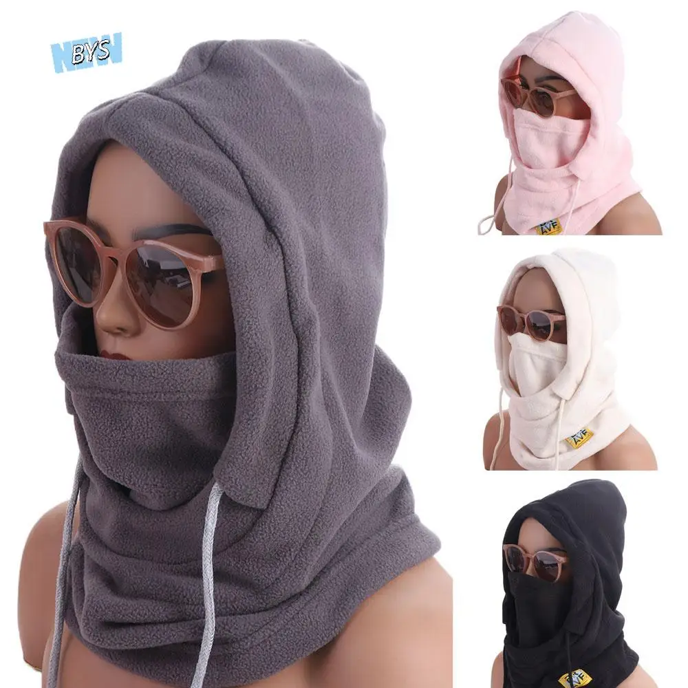 

Casual Drawstring Fleece Balaclava Hat Solid Color Thickened Pullover Cap Windproof Ear Protector Helmet Hat Girls