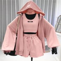 Three Pieces Short Sets Women Hoodie Summer Autumn Drawstring Thin Coat Shorts with Thin Coat Vest Set Sportswear Streetwear