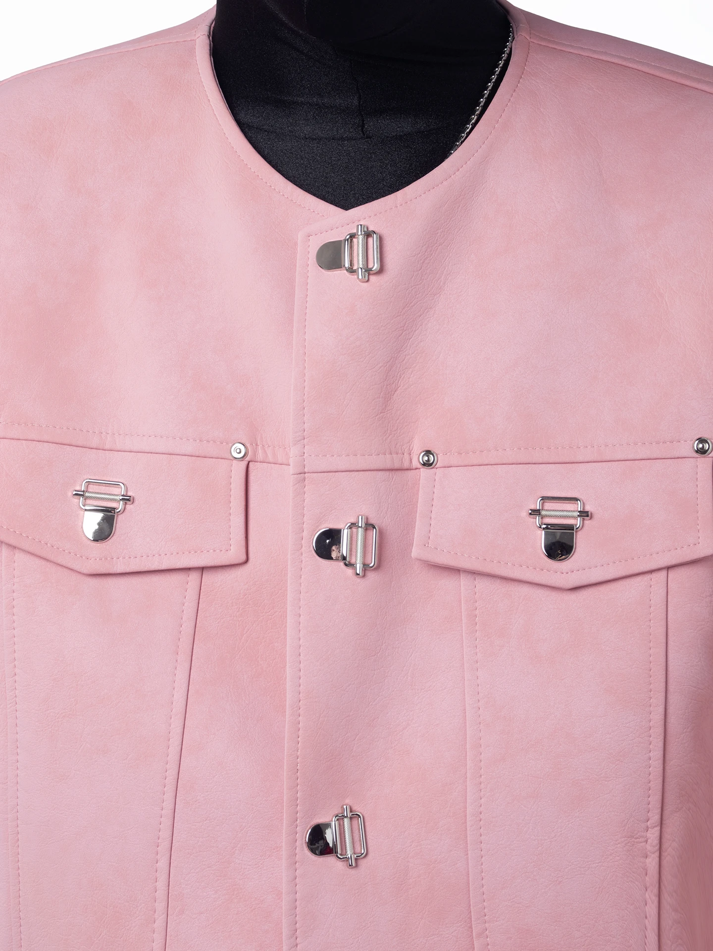 Pink Short Jacket Black Clothes Metal Buckle Shoulder Pad Long Sleeve No Collar Leather Design Sensation Fashion Urban Youth ...