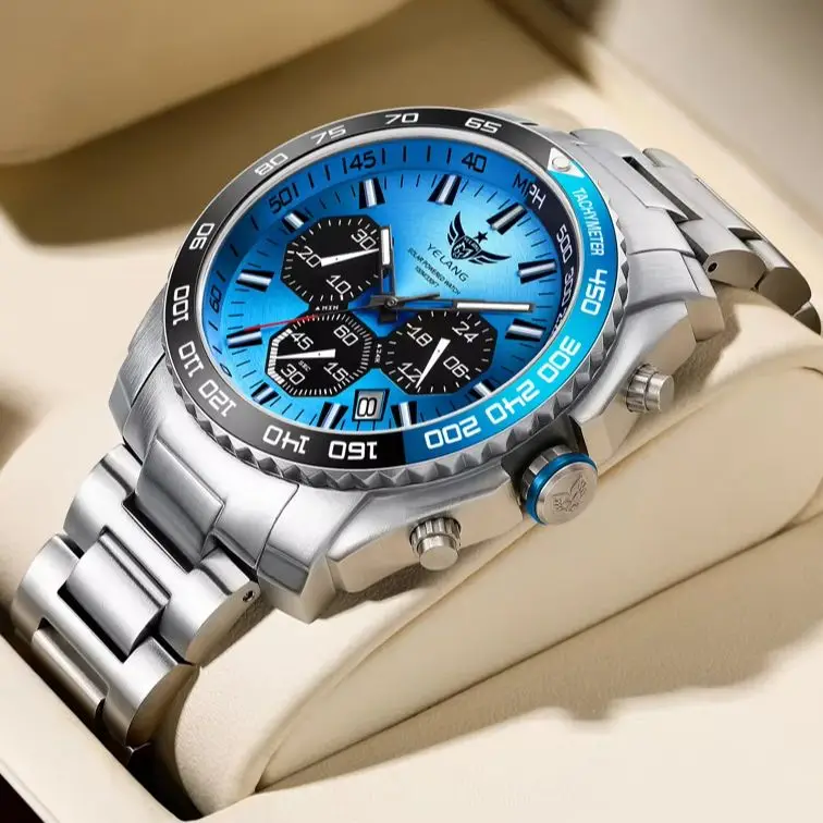 Yelang Men Chronograph Watch 44mm Solar Eco-Drive Quartz Wristwatch Luminous Tubes 10ATM Waterproof Sapphire Mirror VR42 Mov.