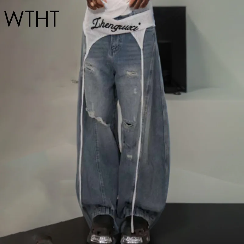 

WTHT Trendy Women's Patchwork Hole Embroidery Design Denim Pant Fashion 2025 Summer Fake Two-piece Wide Leg Jeans Female 1LS1535