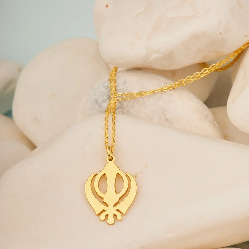 Classic Sikhism Symbol Necklaces Stainless Steel Indian Religious Amulet Khanda Faith Gift Sikh Khanda Pendant Jewelry for Women