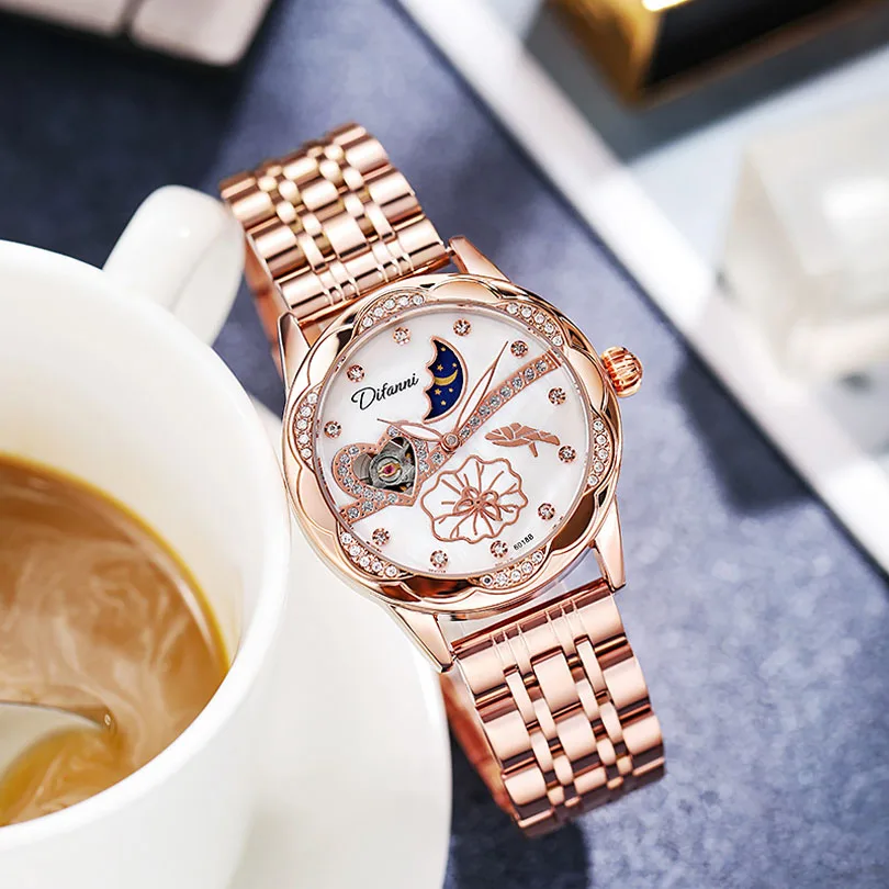 Fashion Ladies Automatic Mechanical Watches Diamond Top Brand Luxury Pink Simple Women Skeleton Watch Female Clock Reloj Mujer