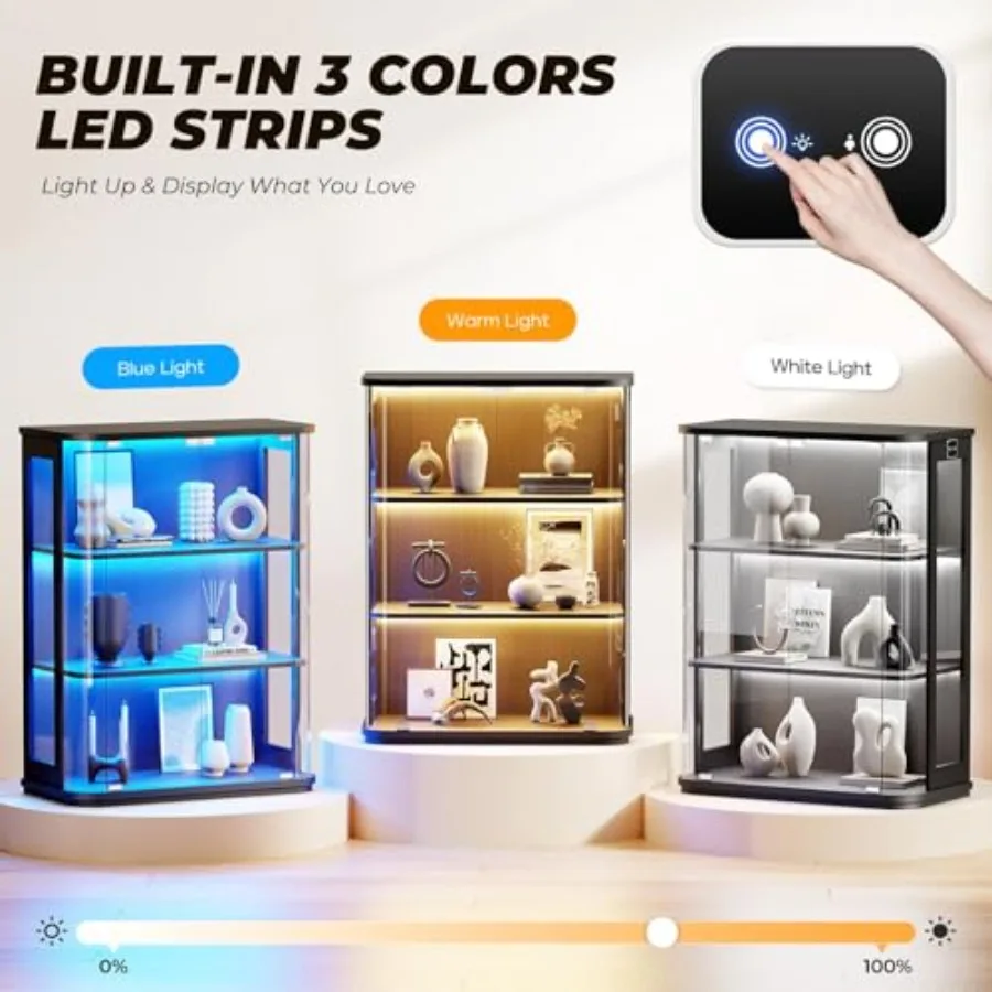 3-Tier Rounded Display Cabinet with Lights Human Body Sensor for living room, acrylic, white, energy-saving smart lighting view 5