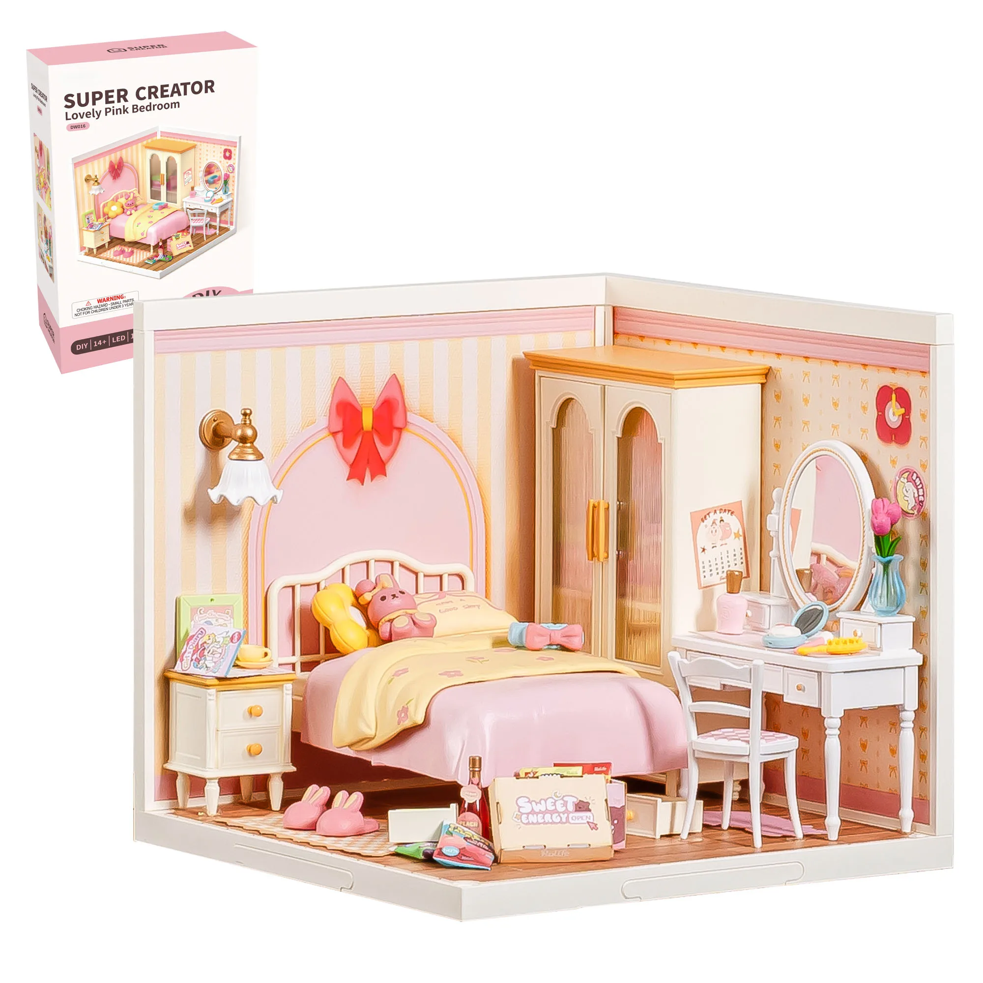 Robotime Super Creator Series: Kit Casa delle Bambole Fai-da-Te con Mini Camera da Letto Rosa, Scenari per Costruire con Personaggi da Collezione, Regalo Creativo per Donne e Adulti
