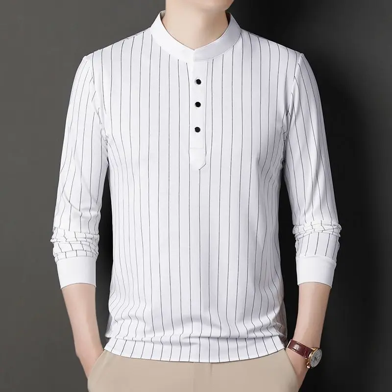 Men Long Sleeve Spring Autumn Fashion Polo Shirts Stand Collar Business Half Open Collar Bottoming Striped Slim Comfortable Tops