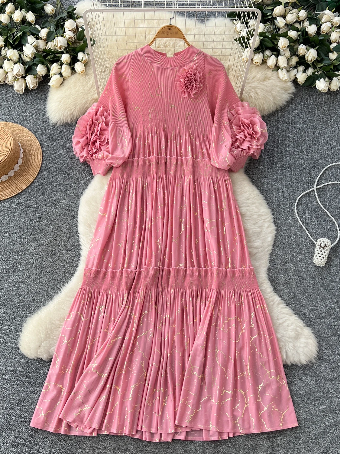 Rétro plissé Dr femmes automne Faion taille haute lanterne Sve jupe longue t-shirt fleur dimensionnelle embelli coupe ample