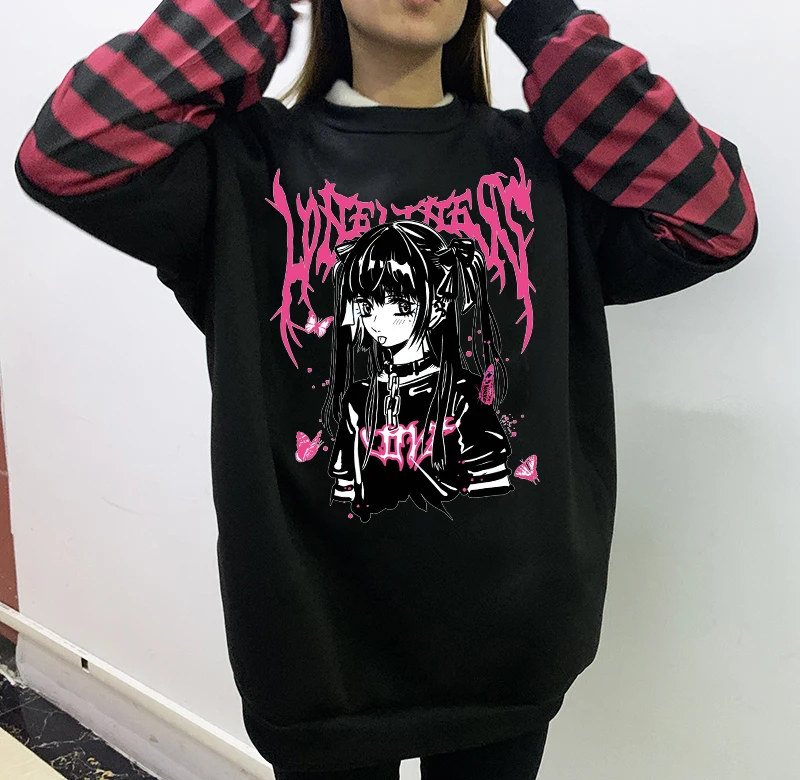 Emo Style Women Streetwear Gothic Anime Sweatshirts Punk Long Sleeve Graphic Tees Y2k Fairy Grunge Goth Punk E-girl Alt Clothes