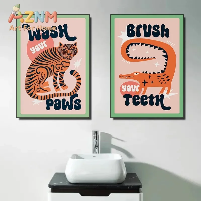 AZNM Retro Tiger Crocodile Canvas Wall Art Wash Paws Brush Teeth Quote Print Colorful Fun Bathroom Unframed Poster Home Wall Dec