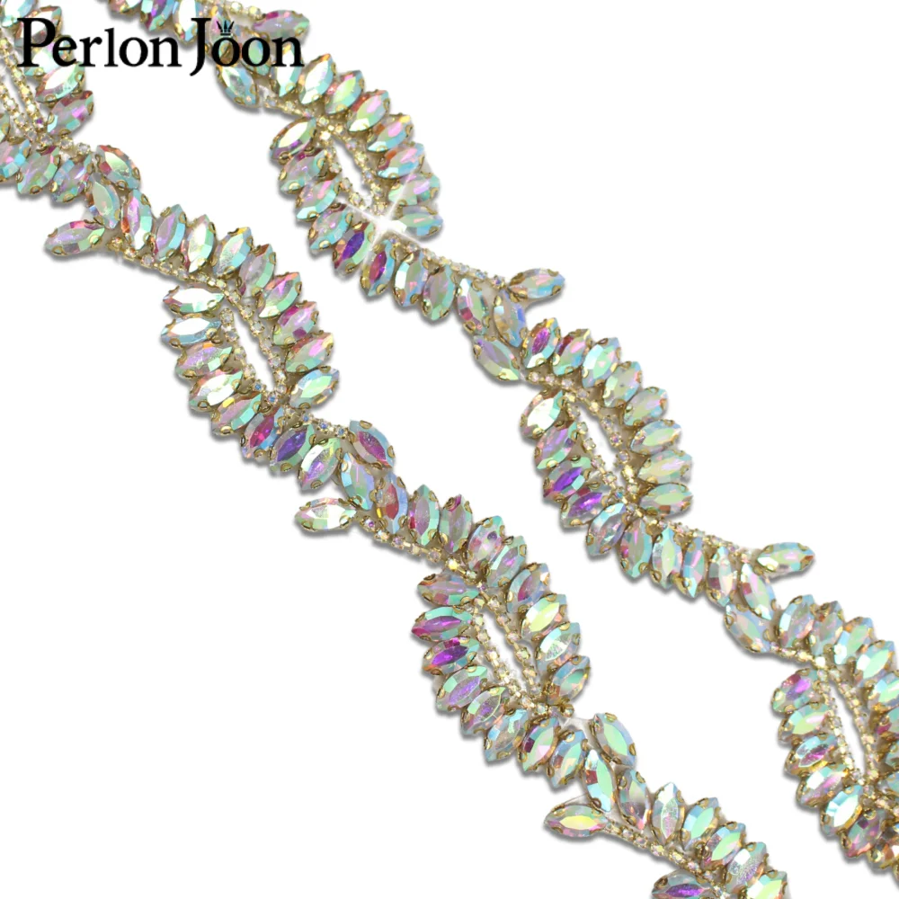 1 ياردة لامعة AB كريستال حجر الراين الزجاج الحديد على الدانتيل سلسلة معدنية فستان الزفاف إكسسوارات الشعر حقيبة الحرفية الديكور TR183
