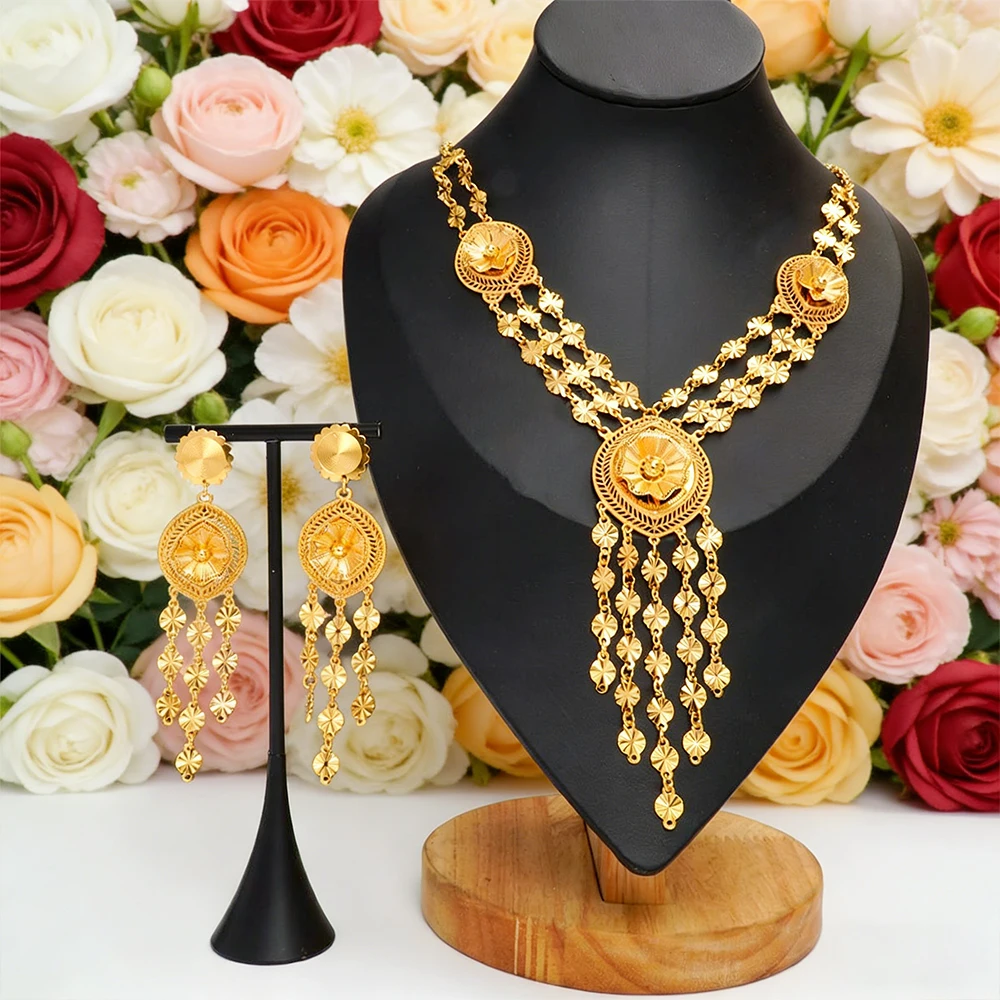 

African Luxury Earring Set Gold Color Necklace Set Lady Jewelry Flower Drop Earring Necklace Dubai Jewelry Wedding Party Gift
