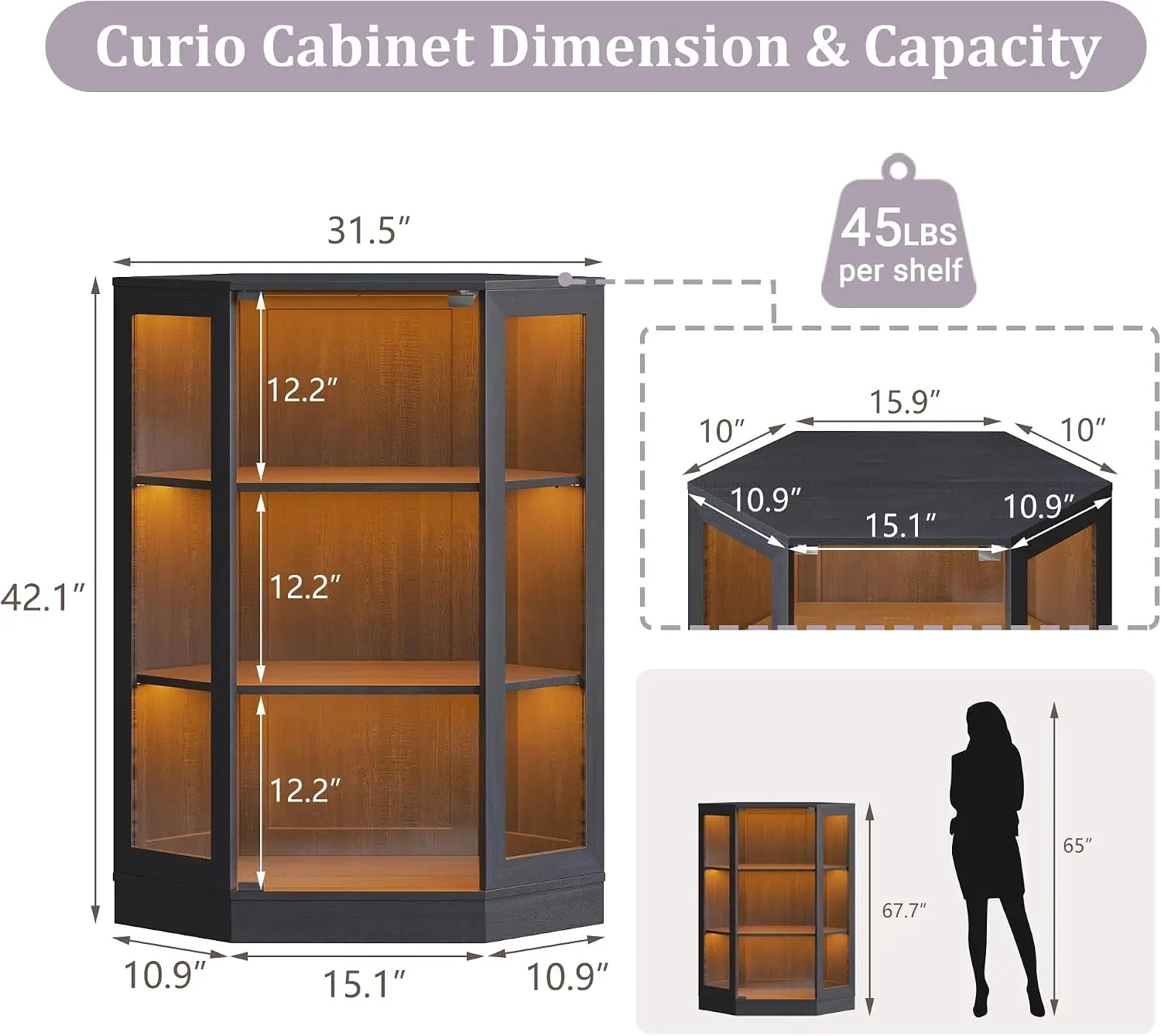 Corner Display Cabinet with Pop-Up Glass Doors, 3-Tier RGB LED Lighted Curio Cabinet, 42