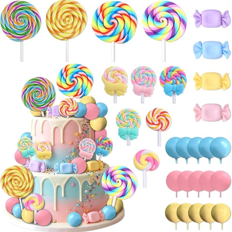 29pcs Lollipop Cake Decor Girls Birthday Baby Shower Party Supplies Candyland Cake Toppers Colorful Candy Bow Cupcake Topper