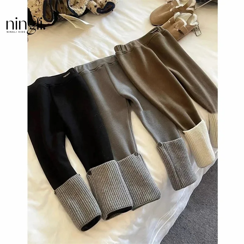 Children's Velvet Padded Leggings Outer Wear Autumn and Winter Girls Warm Brown Stitching Pants Baby Leisure Pile Pants