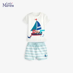 Little maven 2024 New Shirt Shorts Outfit Sailing Boat Summer Costume Boys Clothing Set Baby Boys Tracksuit for Kid Clothes