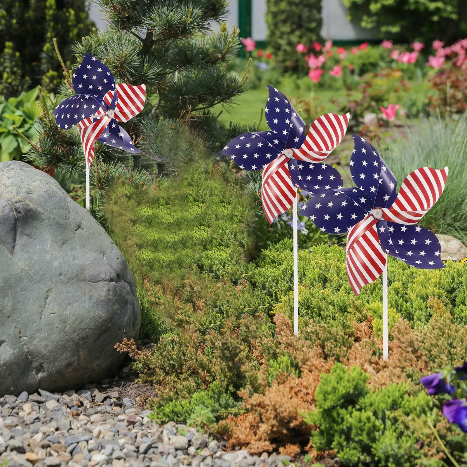 24Pcs Yard Decorative Windmill Patriotic Pinwheel Red White Blue Outdoor Lawn Spin Memorial Day Independence Day Garden Decor