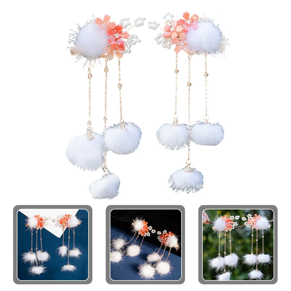 

1Pair Hanfu Pom Pom Ball Tassel Hair Clips Chinese Style Hairpins for Girls Teens Women Party Ceremony Daily Wear