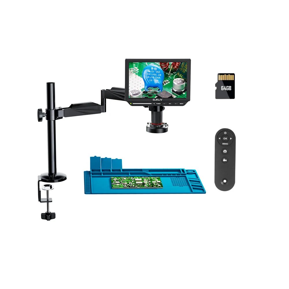 Elikliv EM4K Flex 4K Digitale Soldeermicroscoop 2000X 10.1 "HDMI Microscoop voor Elektronica met Boom Arm Stand Ringlicht