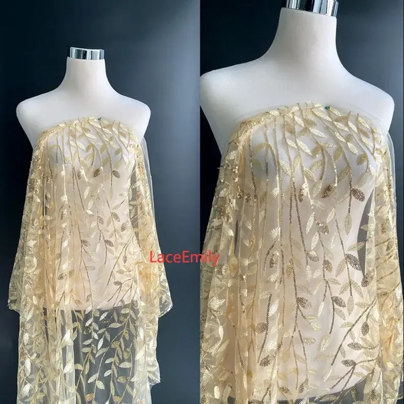 

Champagne gold leaf sequin embroidery lace fabric sequined leaves soft tulle For Bridal Dress Girl Dress Dress 1 yard