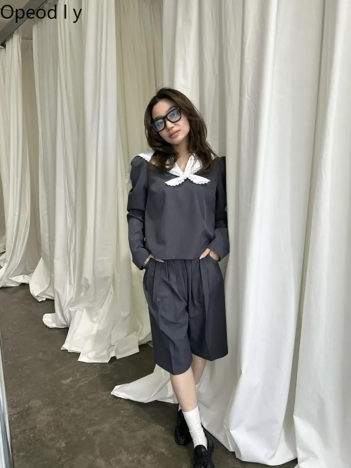 Japanese Sweet Girl Navy Collar Short Suit Jacket Women's Spring Autumn Cute Lace Bow Daily Casual Commute Bubble Sleeve Top