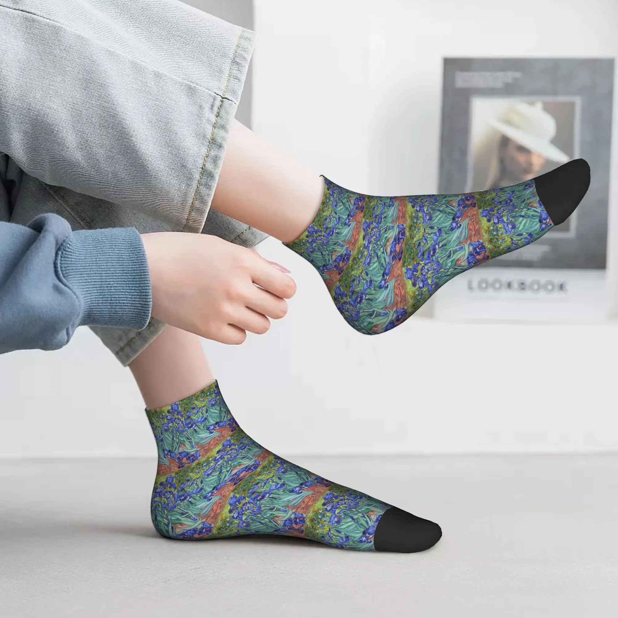 

Всесезонные носки Винсента Ван Гога ирисы с художественными цветами, Harajuku, высококачественные носки для экипажа, повседневные чулки для мужчин и женщин, подарки