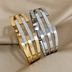 Freetry Bracelet Stainless Steel Rhinestone Inlaid Wide Cuff Women's Double Layer Metal Bracelet Fine Jewelry Gift Accessories