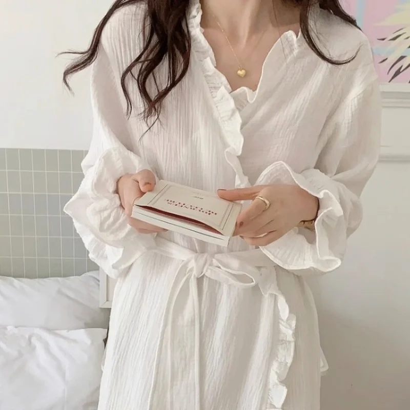 Simple Long-Sleeved Robe Female Spring and Autumn New Sweet Ins Wind Ruffled Thin Section of Solid Colour Pajamas Home Wear