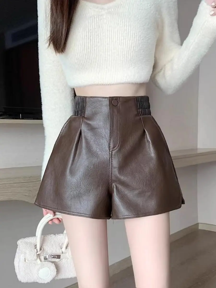 High-waisted Leather Shorts for Women Spring Autumn A-line Wide Leg Shorts Y2k Solid All-match Casual Clothing Vintage Style