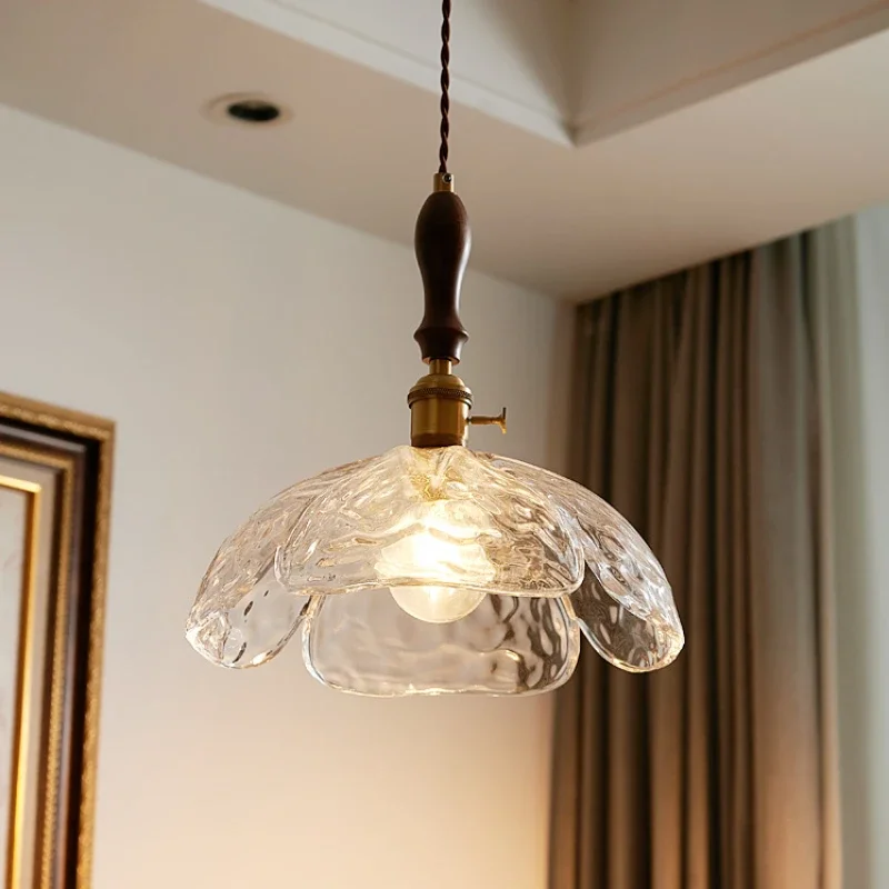 

SANDYHA Japanese Brass Glass Chandelier LED Pendant Light for Living Room Bedroom Dining Table Lighting Walnut Wood Decoration