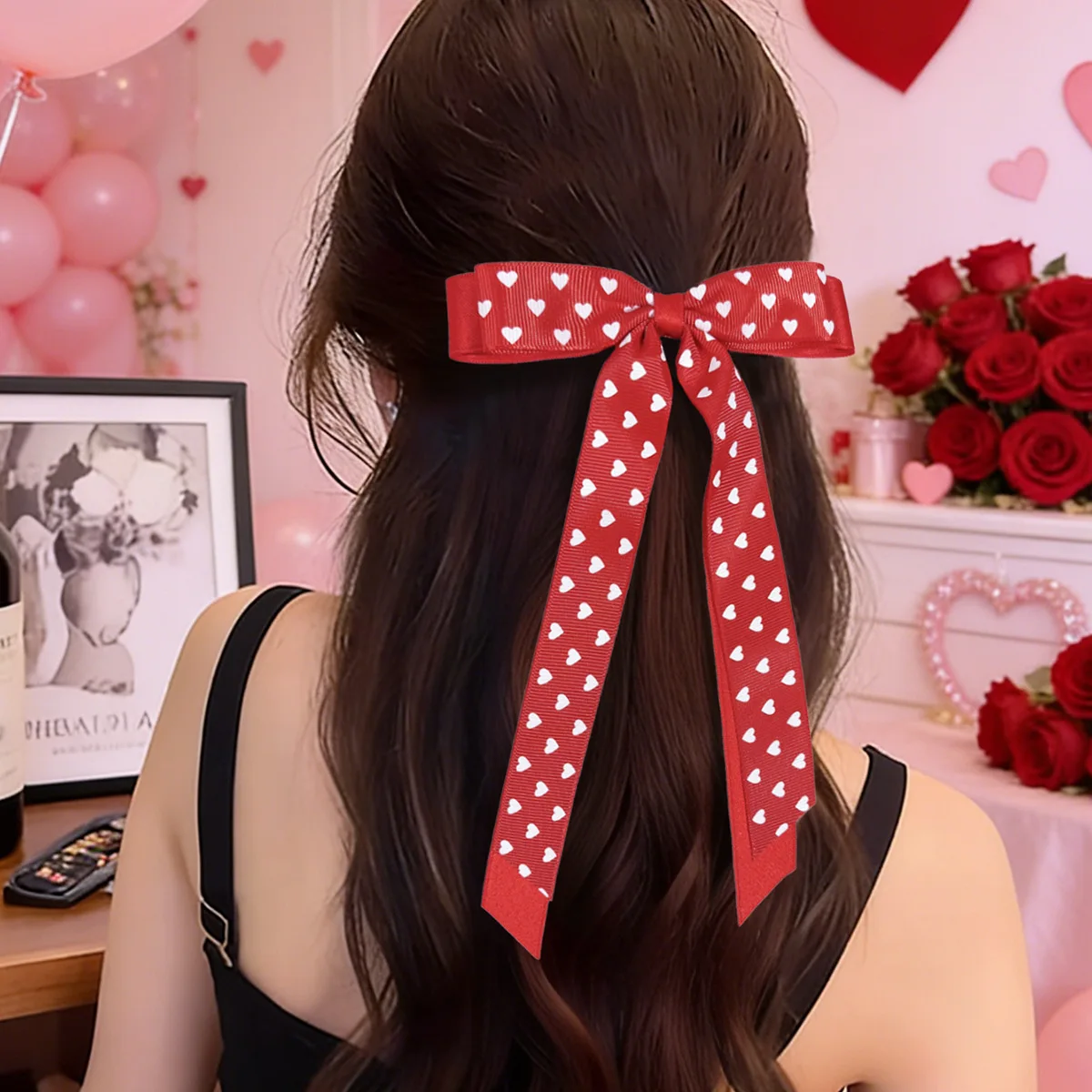 36PCs Heart Printed Ribbon Bow Hair Clips with Long Tassel Barrettes for Girls Women Kids Valentine's Day Hair Accessories Bulk