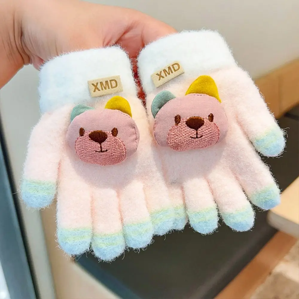 Cartoon Bear Kids Knitted Gloves Plush Winter Warm Windproof Gloves Outdoor Sports Thickened Children Full Fingers Gloves