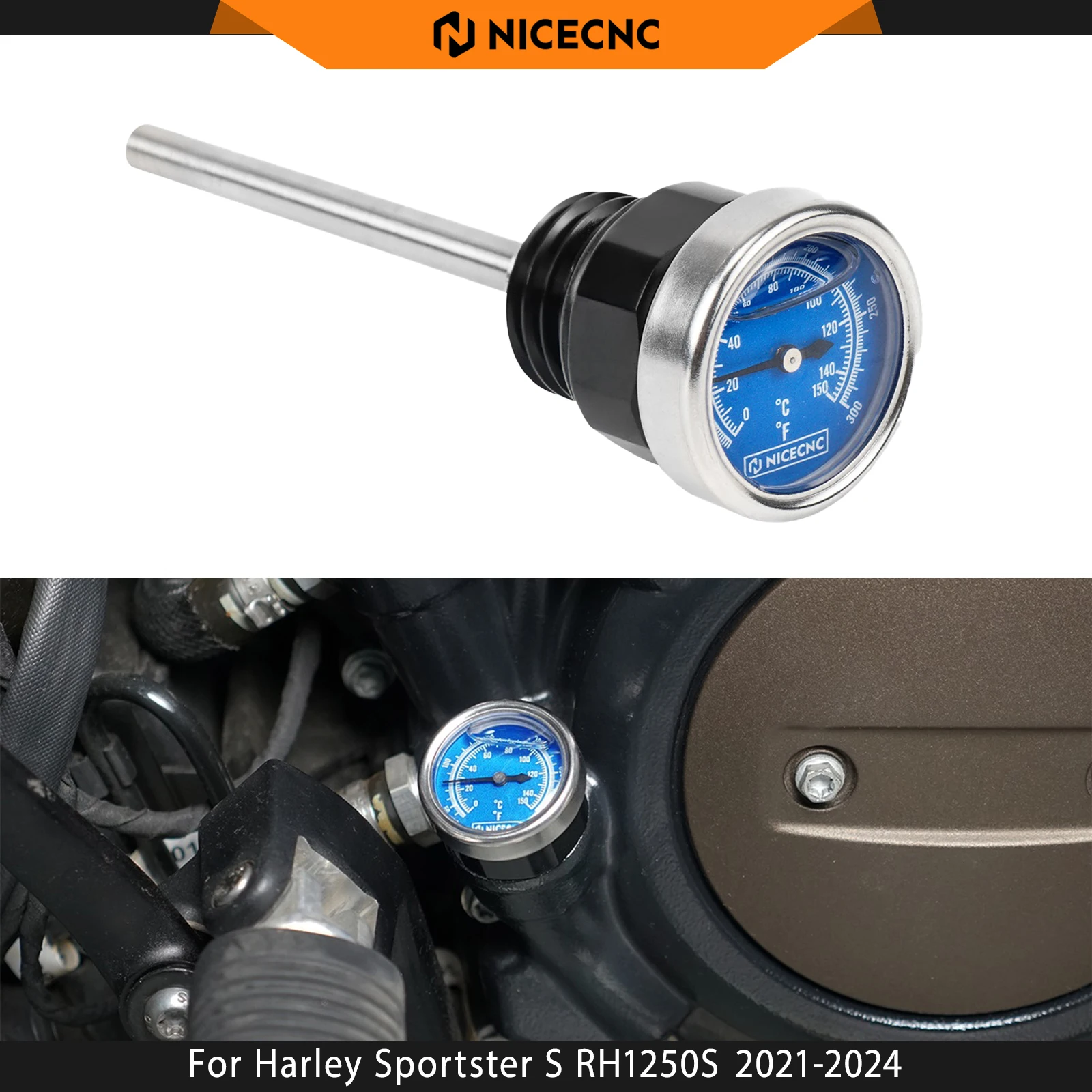 

For Harley Sportster S RH1250S 2021-2024 NICECNC Oil Dipstick w/ Thermometer Pan America 1250 RA1250 /Special Nightster RH975
