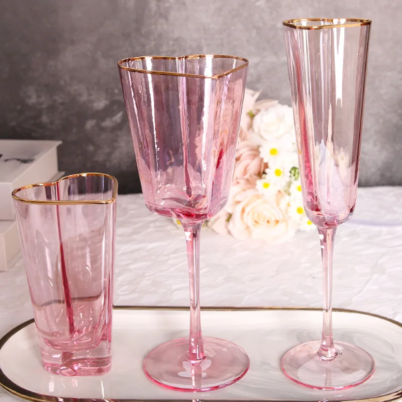 2Pcs Simple Hammer Pink Phnom Penh Heart Wine Set Red Wine Glass Model Room Champagne Glass Juice Cup, Tall Foot